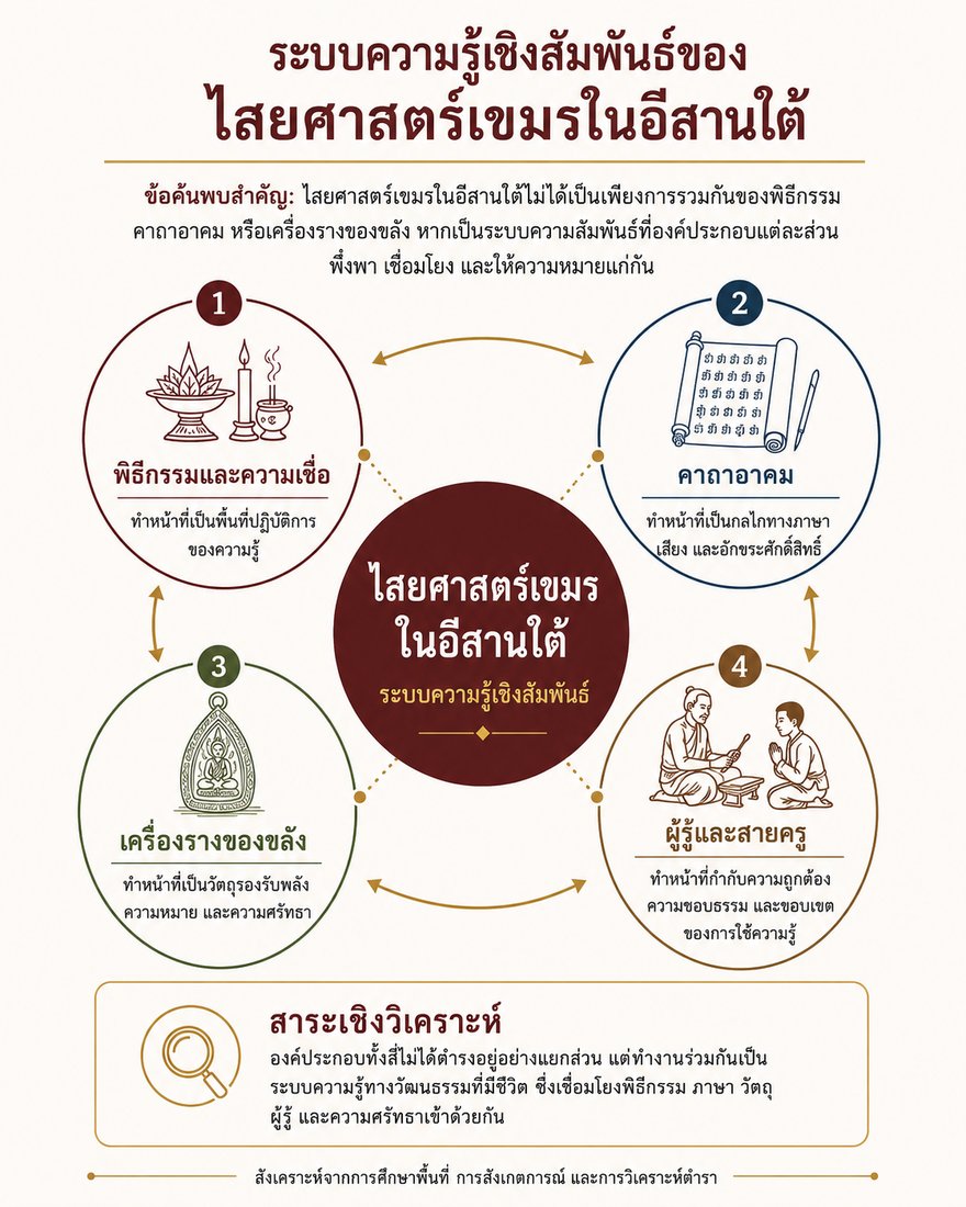 แผนภาพระบบความรู้เชิงสัมพันธ์ของไสยศาสตร์เขมรในอีสานใต้ แสดงความเชื่อมโยงระหว่างพิธีกรรมและความเชื่อ คาถาอาคม เครื่องรางของขลัง และผู้รู้กับสายครู